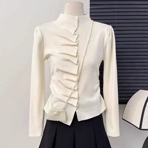 Áo Len Dệt Kim Màu Trơn Cổ Cao Rộng Rãi Thời Trang Đầu Thu Cho Nữ Áo Lót Cơ Bản Đa Năng Thoải Mái Mềm Mại Polyester