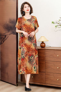 New Summer Mommy Style Loose Fit Short Sleeve Cotton Silk Dress High Waist Qipao Skirt for Middle-Aged And Elderly Women