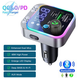 Kebidumei | Bluetooth 5.0 FM Transmitter 48W PD&QC3.0 Car Charger Dual Mics Deep Bass Sound with Voltage Display Hands-Free Call Adapter