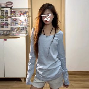 Áo Thun Dài Tay Rộng Rãi Mùa Thu Màu Sữa Cho Nữ Áo Chống Nắng Mỏng Dáng Rộng Cổ Chữ U Áo Thun Nữ