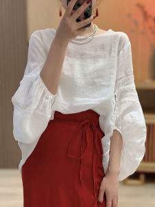 French Artistic round Neck Midi Shirt Womens Light Lysed Bamboo Linen Tops Early Spring New Design Hollow out Lantern Sleeves