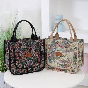 Vintage Floral Tote กระเป๋าขนาดใหญ่ความจุกลางแจ้งกระเป๋าแม่ภาพวาดสีน้ํามันสไตล์แบบพกพากล่องอาหารกลางวันกระเป๋าหนา Fabr
