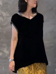 QINGNAER | Elegant French Style Beaded V-Neck Top
