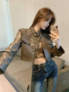 Áo Khoác Da PU Ngắn Cho Nữ Áo Khoác Xe Máy Đa Năng Thời Trang Thu Đông Áo Khoác Ngoài Thường Ngày Cho Nữ Cỡ Nhỏ