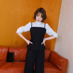 MIUCO | Bộ Ba Món Chuyên Nghiệp Áo Sơ Mi Tay Bóng Màu Trắng Quần Dây Cao Waist-High Quần Ống Rộng
