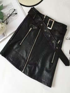 Váy Da PU Mini Cạp Cao Cho Nữ Váy Chữ A Khóa Kéo Túi Váy Ngắn Váy Công Sở Màu Trơn Thiết Kế Mới Thu Đông