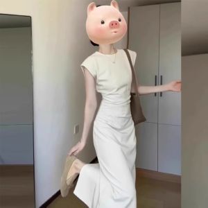 MUAMY Summer New French Luxurious Fashionable Minimalist Waist-Cinching Dress Womens Elegant High Waist Midi Skirt Dress