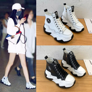 Womens High Top Dad Shoes Thick Bottom High Heel Inner Heightening Genuine Leather Spring Autumn White Sneakers Korean Style