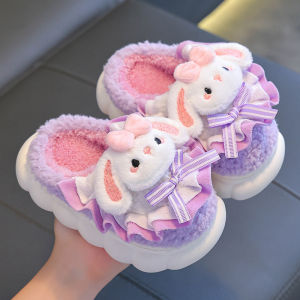 2024 New Winter Childrens Cotton Slippers - Cute and Warm Fleece Rabbit Fur Babys Home Cotton Slippers for Girls