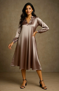 Elegant Satin Ombre Midi Dress with V-Neck and 3/4 Sleeves for Women