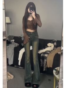 Quần Jeans Denim Ống Loe Phong Cách Retro Mỹ Cho Nữ Quần Dài Cạp Cao Thu Đông Cỡ Lớn Quần Dài Ôm Dáng Ôm Dáng