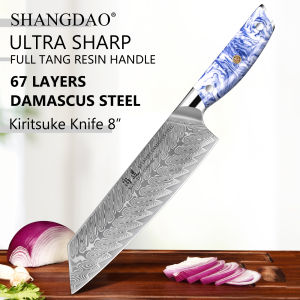 SHANGDAO High Quality Kiritsuke Chef Knife 8 Inch 67 Layers Damascus VG10 Steel with Blue and White Resin Handle - Full Tang