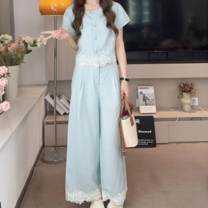 Shalldoer | French Style Simple Lace Splicing Short Sleeve Top Wide Leg Pants Two Piece Set Summer New Arrival Elegant Fashion Ensemble