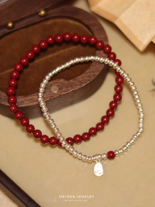 Pure Natural Vermilion Retro Silver Bracelet Womens Style Layering Accessory Hand Chain Gift Traditional Carving Fashion Jewelry