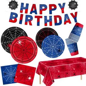 Hasbro | Spider Birthday Party Disposable Tableware Set Spider Web Theme Paper Plates Napkins Cups Tablecloth Banner for Celebrations