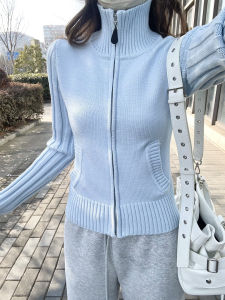 YUEZHONGWEI | Dopamine Dressing Blue High-neck Zip-up Knitted Coat
