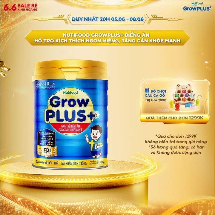 Sữa Bột Nutifood GrowPLUS+ Biếng Ăn (Xanh) 1+ - Hỗ Trợ Kích Thích Ngon Miệng, Tăng Cân Khỏe Mạnh (Lon 900g)