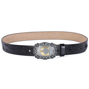 A-Z Letters Buckle Western Belt for Men High Quality Cowboy PU Leather Waist Male Belts Floral Engraved Jeans Street Punk 3.8cm