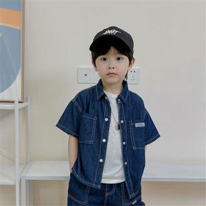 Boys Summer Cool Denim Set Short Sleeve Two Piece Suit Childrens Shirt Trendy Korean Style Baby Clothes for Daily Wear