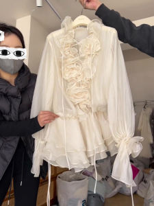 Korean Sweet Spicy Style V-Neck Midi Dress with Bow Tie Unique Flounce Three-Dimensional Flower A-Line Skirt Long Sleeve