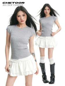 เสื้อสเวตเตอร์ถักแขนสั้นทรงสลิมฟิตสำหรับผู้หญิง สีเทา ฤดูใบไม้ผลิและฤดูร้อน 2025 เสื้อชั้นในสุดเท่สำหรับผู้หญิง สไตล์วินเทจ