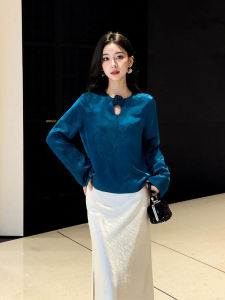 Blue 3D Flower Hollow out Shirt Chinese National Style Premium Feeling Spring New Arrival Small Top for Women