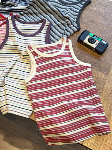 Color Block Stripe Sleeveless T-Shirt Childrens Casual Base Shirt Summer Wear for Girls round Neck Thin Fabric Korean Style