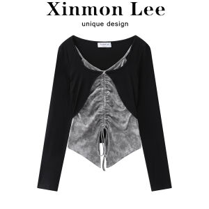Xinmonlee Fancy Elegant Fake Two-Piece Knitted Sweaters Spring & Fall Female Stylish V Neck Slimming Short Top