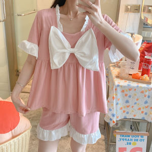 Womens Suspender Pajamas Summer Pure Cotton Plus Size Cute Bear Princess Style Nipple Coverage Homewear with Chest Pad Two-piece Set