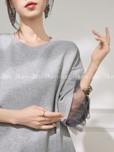 PlumJan | Đầm Thun Phối Ren Lấp Lánh Dáng Rộng Cổ Tròn