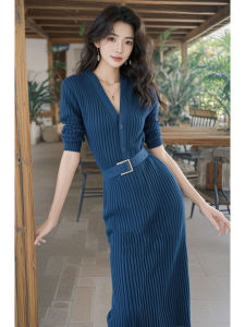 Stunning Dark Navy Knitted Dress Womens Formal Occasion High Waist A-Line Skirt Luxury Sensation New 2025 Autumn Fashion