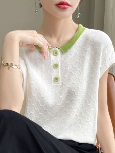 French Style Peter Pan Collar Knitting Short-Sleeved Women Polo Shirt Shoulder Contrast Colors Slimming T-shirt Half Sleeve Tencel Super Nice Tops