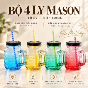 Bộ Ly Mason Vintage 450ml Có Quai Cầm Nắp Kim Loại Ly Thủy Tinh Màu Sắc Trang Trí