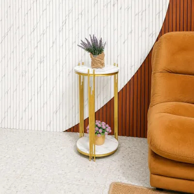 Meja Tamu Sudut Ruang Tamu Minimalis Motif Marmer Mewah Elegan Meja Samping Sofa Modern Standing Pot Bunga Pajangan Hiasan Rumah Aesthetic Besi Industrial