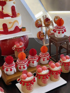 New Chinese Style Dessert Table Decoration Lion Dance Boucle Baby One Year Anniversary Red Sticker Plug-In Festive Celebration