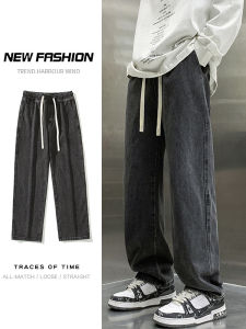 Loose Straight Leg Mens Jeans Winter Black Long Pants Retro American High Street Knife Edge New Style Cotton Polyester Blend