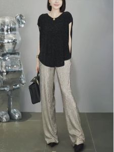 Elegant Black Short Sleeve Top And Wide Leg Pants Set Womens Spring New Style Casual Drapey Two Piece Suit Fashion Ensemble