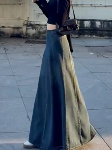 High Waist Ruched Slimming Blue Denim Long Skirt Womens Fashion Simple Drapey A-Line Skirt Versatile Midi Skirt Autumn New Style