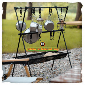 Outdoor Camping Triangle Hanging Storage Rack Aluminum Alloy With Storage Mesh Bag Hook Detachable Tripod Shelf Stand Cookware Tableware Travel Finishing Rack