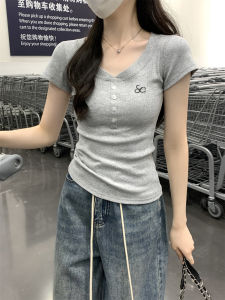 Áo Thun Tay Ngắn Cổ Chữ V Thêu Ôm Vừa Vặn Mùa Hè Phong Cách Hàn Quốc Tay Lửng Nhỏ Nhắn in Chữ Thấm Hút Mồ Hôi