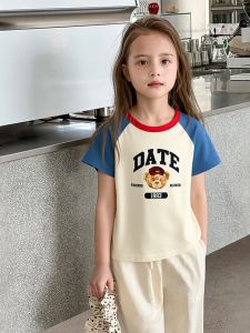 Pure Cotton Childrens T-shirt Baby Girl Summer Short Sleeve Cartoon Print Breathable Comfortable Casual round Neck Top