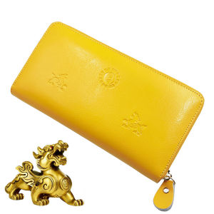 New Fashionable Yellow Leather Long Zipper Wallet Mens Casual Style Lucky Money Bag Retro Wind Vertical Shape Coin Card Holder