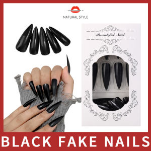เล็บปลอมยาวสีดำแหลมสวมใส่สีทึบสไตล์ธรรมชาติแผ่นติดเล็บยาว