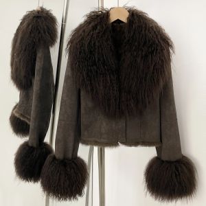 Real Mongolian Sheep Fur Coat 2025 Autumn Winter Suede Women with Long Sleeve New Arrival Winter Rabbit Fur Lining Fur Jacket