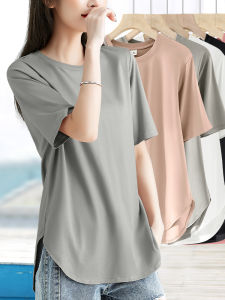 Slim Fit Short Sleeve T-Shirt Womens round Neck Casual Style Thin Fabric Side Slit Semi-Circular Hemline Breathable Comfortable