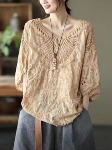 Summer Fashionable Lace Shirt V-Neck Loose Large Size Five-Sleeve Hollow out Batwing Sleeve Top Womens Cotton Blend Blouse