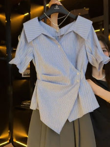 French Style Temperament V-neck Shirt Female Summer Fancy Asymmetrical Design Pleat and Waisted Figure Flattering Short Sleeve Top Female