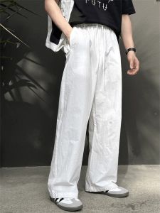 Quần Dài Nam Vải Lanh Mùa Hè Co Giãn Ống Rộng Quần Dài Ống Đứng Thoáng Khí Quần Dài Thoải Mái Cạp Chun Màu Trắng