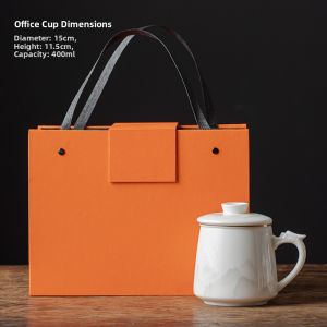 Yulan Jade Ceramic Office Cup with Lid Tea Water Separation Dehua White Porcelain High End Large Capacity Mark Cup for Brewing Tea