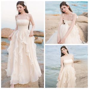 Đầm maxi đi biển tơ bèo dây hoa cực xinh cho bạn gái chất Voan tơ bèo 1 màu Trắng kem - Váy đầm thời trang nữ đi chơi du lịch